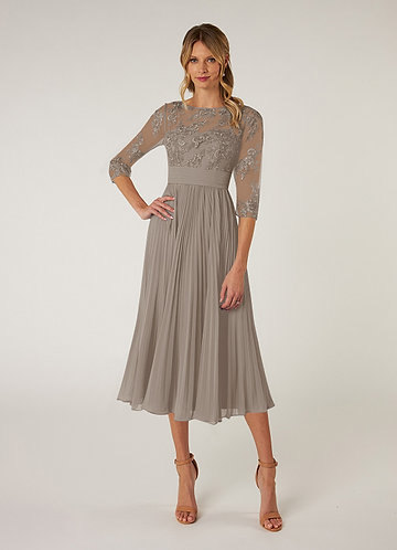 Azazie Tutu Mother of the Brides Dresses Taupe A-Line Boatneck Lace Chiffon Dress image1