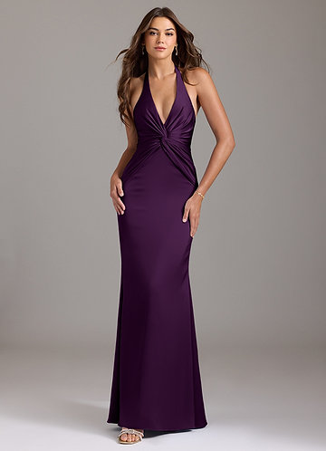 Azazie Valerie Vestidos Dama de Honor Vestido de Uva de Satén Elástico de Corte Sirena con Plisado image1