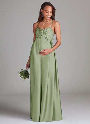 Azazie Llana Maternity Bridesmaid Dresses Vestir Linha A com bolsos Comprimento do chão Cetim elástico image1