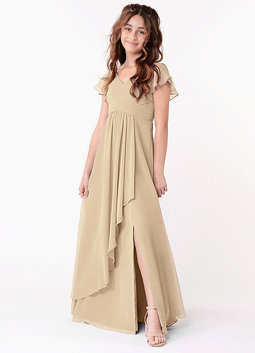 Azazie Omari Junior Vestir Champanhe de Chiffon de Linha A com Ruched image1