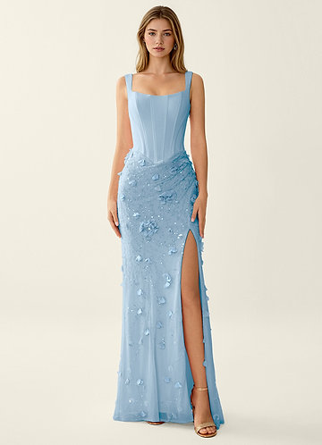 Belinda Azul Vestido de fiesta de sirena con corsé y espalda con cordones y flores 3D image1