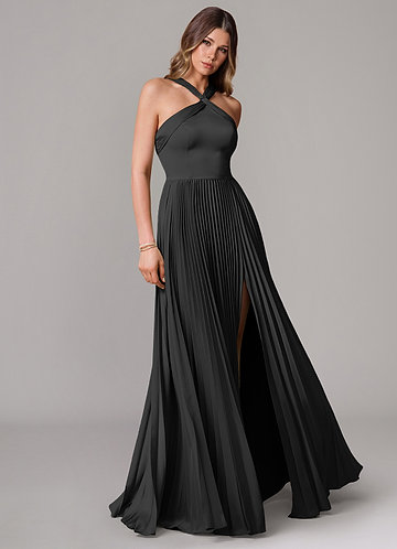 Azazie Afra Bridesmaid Dresses Vestir Preto de Cetim elástico de Linha A com Plissado image1
