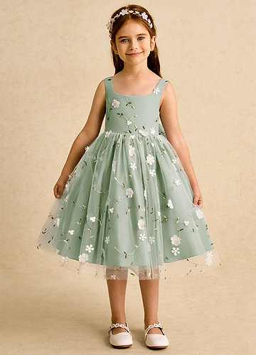 Azazie Bean Flower Girl Dresses Dusty Sage Ball-Gown Sleeveless Tulle Dress image1