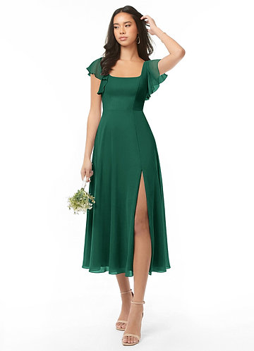 slim fit dress slacks BABARONI Chiffon Dark Green Bridesmaid Dresses Scoop Knee-length Sleeveless  Bow A-line main image 0