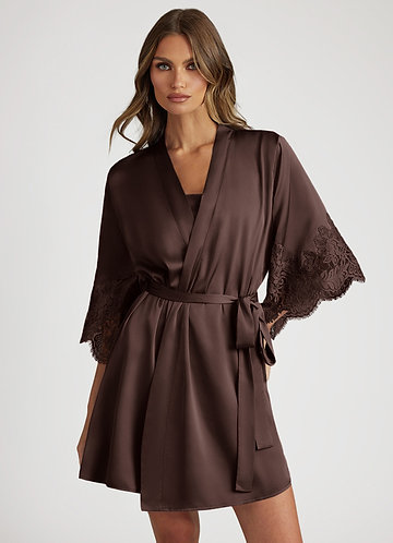 front Ganache Satin Lace Trim Sleeve Robe
