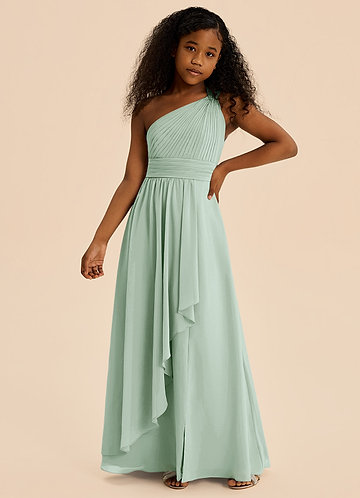 Azazie Skye Junior Abito A-Line in Chiffon Plissettato Agave image1