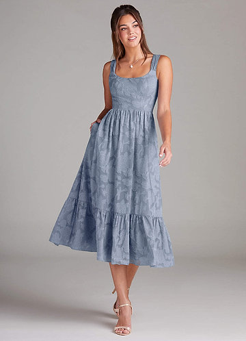 Azazie Alissa Bridesmaid Dresses Dusty Blue A-Line with Pockets Floral Burnout Dress image1