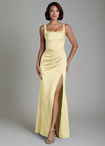 Azazie Amora Bridesmaid Dresses Lemon Sorbet Mermaid Corset Stretch Satin Dress image1