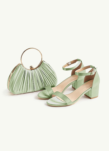 front Matching Color Metallic Satin Block Low Heel Sandals & Pleated Handbag Set
