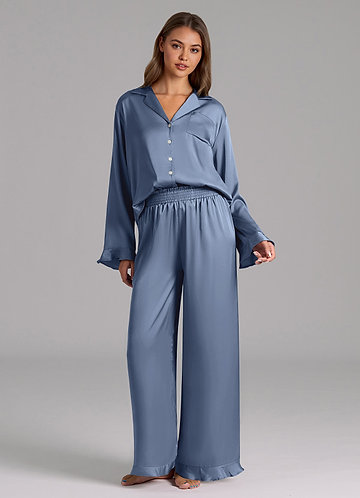 front Matching Color Ruffled Satin Long Sleeve Pajama Set