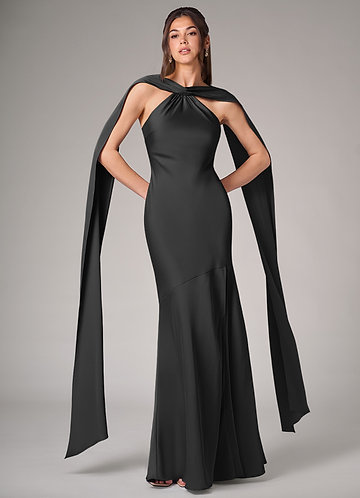 Azazie Kinsley Bridesmaid Dresses Black Mermaid Side Slit Stretch Satin Dress image1
