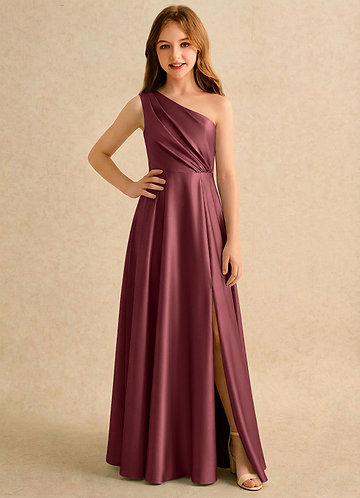 Azazie Puddles Girls Formal Robes de Fillette d'Honneur Robe Trapèze en Satin extensible Une épaule Merlot image1