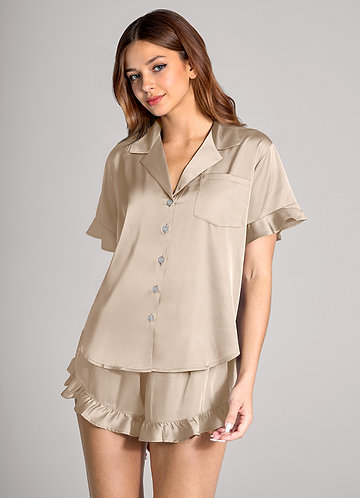 front Matching Color Ruffled Satin Short Sleeve Pajama Set