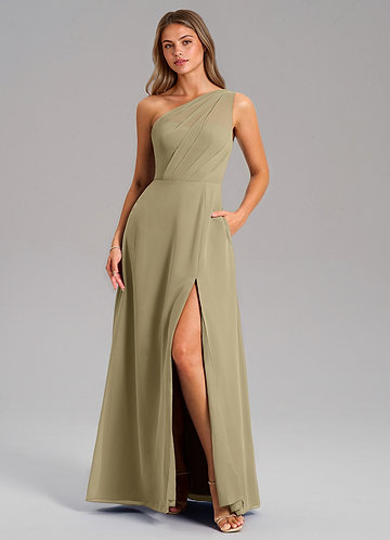 Azazie Phaedra Bridesmaid Dresses Vestido Musgo Verde de Chiffon de Linha A com Um ombro image1