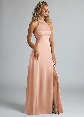Azazie Clarice Vestidos Dama de Honor Vestido de Oro Rosa de Satén Elástico de Corte en A con Cuello Alto image1