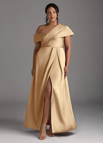 Azazie Milton Mother of the Brides Dresses Champagne A-Line Pleated Stretch Satin Dress image1