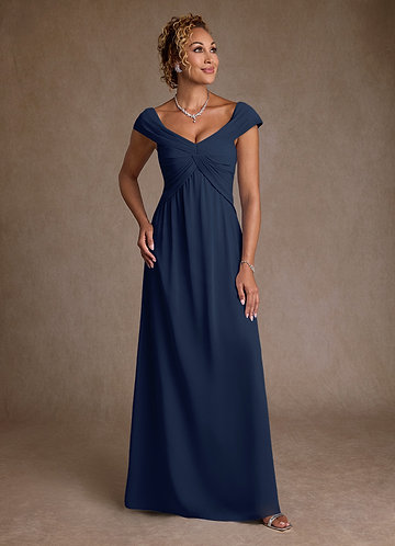 Azazie Myrtle Robe Mère de la Mariée & du Marié Robe Trapèze en Mousseline de soie Plissée Bleu Marine Foncé image1