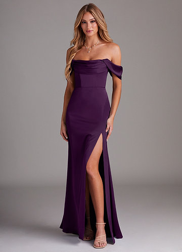 Azazie Saige Bruidsmeisjes Jurken Jurk van Stretch Satijn met Kolom Off the Shoulder Druif image1