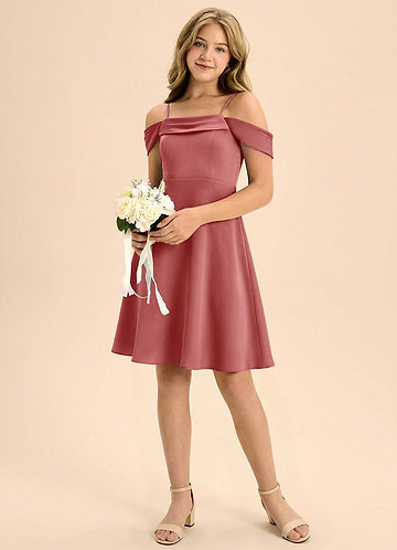 Azazie Anselie Junior A-Linie Plissee Stretch-Satin Kleid Antike Rose image1