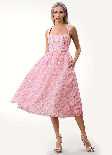 Carly Pink Floral Print Square-Neck Midi Dress image1