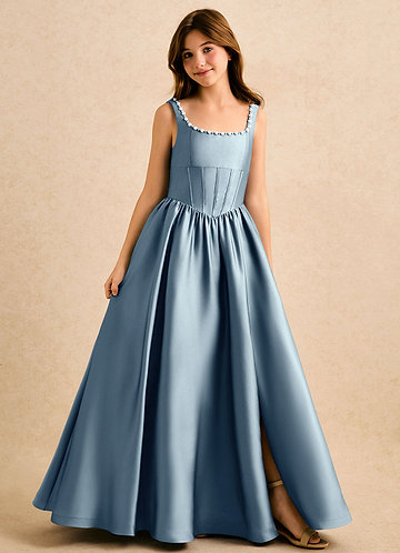 Azazie Enid Girls Formal Kukkaistyttöjen mekot A-linja Helmillä koristeltu Joustava satiini Lattian pituus Pukeutua image1