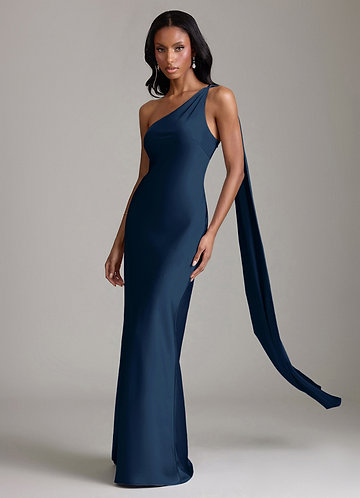 Azazie Juniper Bridesmaid Dresses Vestido Azul Marinho de Cetim elástico de sereia com Um ombro image1