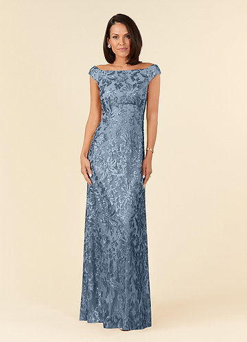 Azazie Porcelain Mother of the Brides Dresses Dusty Blue A-Line Off the Shoulder Lace Dress image1