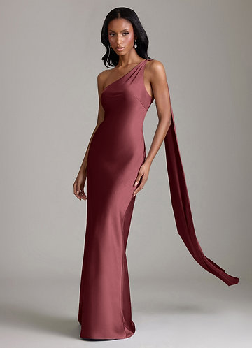 Azazie Juniper Bruidsmeisjesjurken Jurk van Stretch Satijn met Zeemeermin One-shoulder Merlot image1
