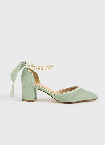 front Matching Color Matte Satin Pearl and Bow Pointed Toe Block Heels 0