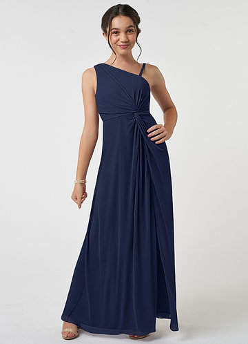 Azazie Brooke Junior Dark Navy A-Line Pleated Mesh Dress image1
