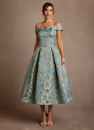 Azazie Centralia Brautmutterkleider A-Linie Schulterfrei Blumen-Jacquard Kleid Lake Blue Jacquard image1