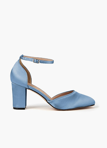 front Escarpins à talons carrés et bout pointu avec bride à la cheville en satin