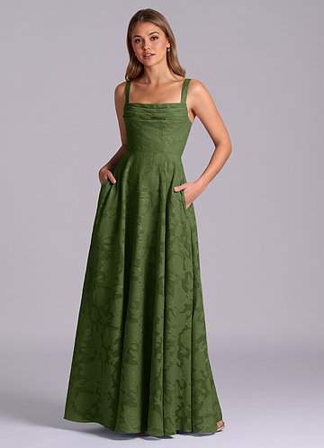 Azazie Shaude Bridesmaid Dresses Olive A-Line Pleated Floral Burnout Dress image1