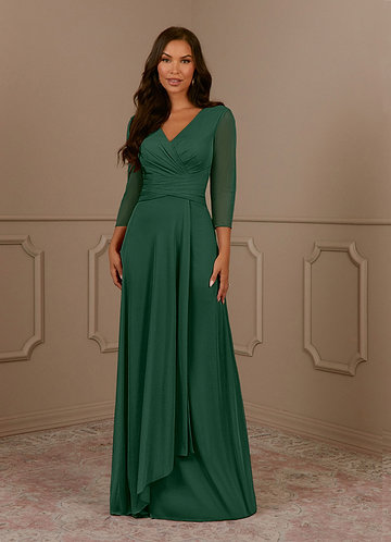 Azazie Annetta Mother of the Bride Dresses Dark Green A-Line V-Neck Pleated Mesh Dress image1