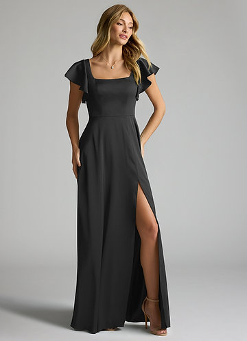 Azazie Bondi Bridesmaid Dresses Black A-Line Bow Stretch Satin Dress image1