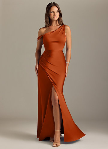 Azazie Madelyn Bridesmaid Dresses Burnt Orange Mermaid Off the Shoulder Stretch Satin Convertible Dress image1