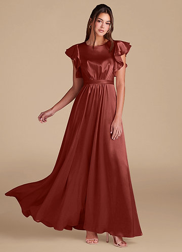 Azazie Daphne Vestidos de dama de honor modestos Vestido de Corte en A Volante Hasta el suelo Satén Metálico image1