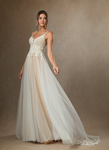 Azazie Devi Wedding Dresses Diamond White Champagne A-Line V-Neck Lace Tulle Dress image1