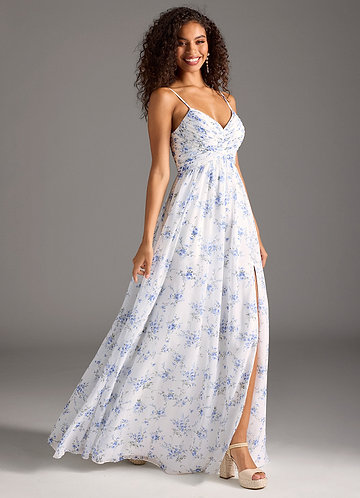 blue dress for baby girl Berylove Women Blue Floral Wedding Guest Dress A Line Sweetheart Strapless Pleated Long Bridesmaid Dress, Blue Flower / US20W main image 1