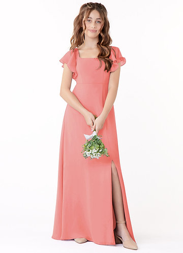 Azazie Bondi Junior Vestido Coral de Chiffon de Linha A com Arco image1