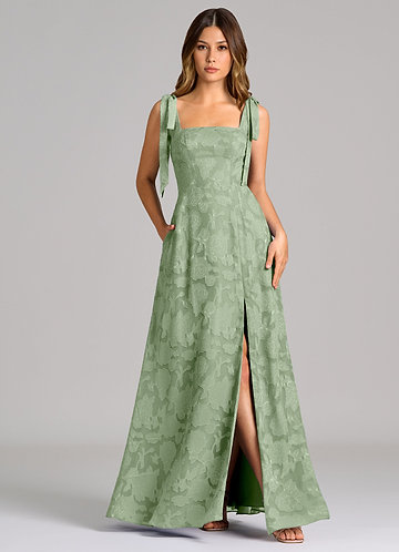 Azazie Debra Bridesmaid Dresses Dusty Sage A-Line with Pockets Floral Burnout Dress image1