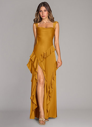 Azazie Sloane Bridesmaid Dresses Vestido Caramelo de Cetim elástico de Linha A com Decote em coração image1