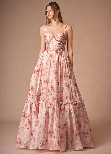Halame Apricot Multi Sleeveless Floral A-Line Gown image1