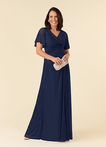 Azazie Emmeline Mother of the Brides Dresses Dark Navy A-Line V-Neck Pleated Mesh Dress image1