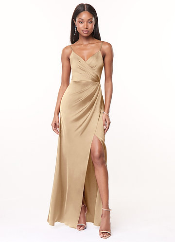 Azazie Maci Bridesmaid Dresses Champagne A-Line V-Neck Pleated Stretch Satin Dress image1 0
