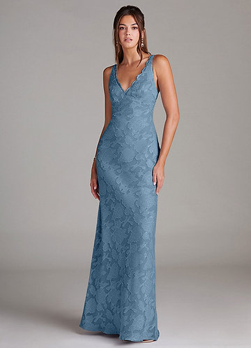 Azazie Tianna Bridesmaid Dresses Steel Blue Sheath Lace Floral Burnout Dress image1