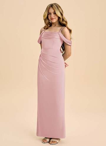 Azazie Saige Junior Powder Pink Sheath Off the Shoulder Stretch Satin Dress image1