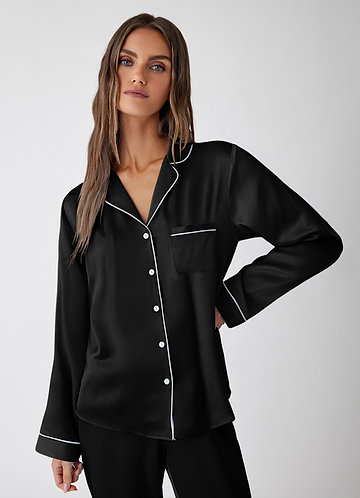 front Black 100% Washable Silk Pajama Long Sleeve Top