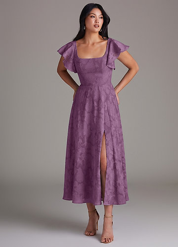 purple tea dress Adriane Floral Embroidered Tea-Length adding a touch of texture and movement African Purple Print Short Sleeve
