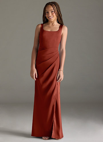 Azazie Mero Junior Vestido de Terracota de Satén Elástico de Corte Sirena con Plisado image1